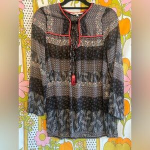 Sheer Abstract Black & White Blouse with Pop of Red